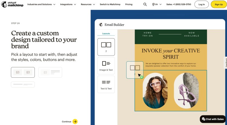 Drag and drop editor interface showing how to create a mailchimp email with custom layouts, images, and text blocks