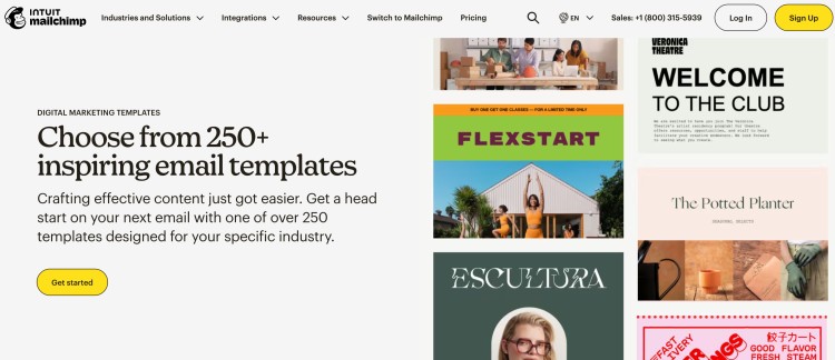 Mailchimp template gallery showing how to create an email using pre-designed layouts for different industries