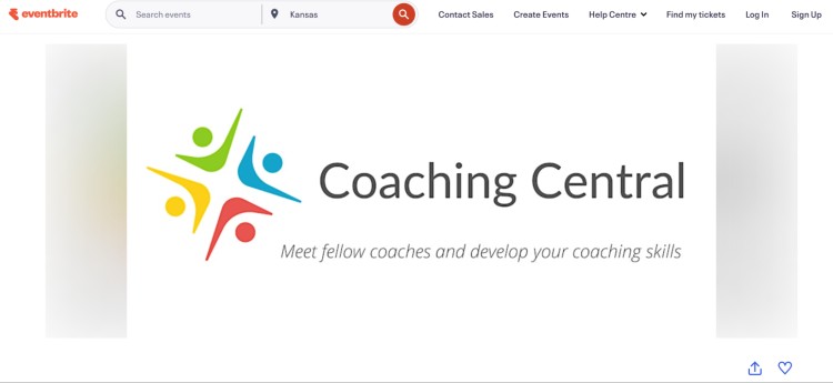 Coaching Central Eventbrite banner showing a colorful logo and tagline inviting coaches to connect and develop thriving coaching skills.