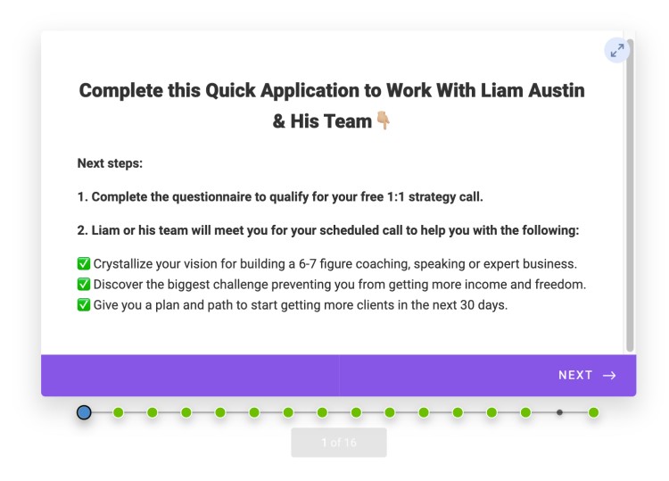 Application screen inviting users to work with Liam Austin, showing next steps for qualifying for a strategy call with the best coach and his team.