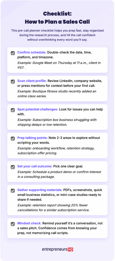 A step-by-step sales call planning checklist designed as a help guide, outlining tasks like confirming the schedule, reviewing the client profile, spotting challenges, preparing talking points, and gathering materials.