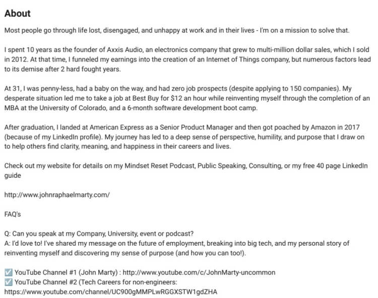 About me section with audience context clues