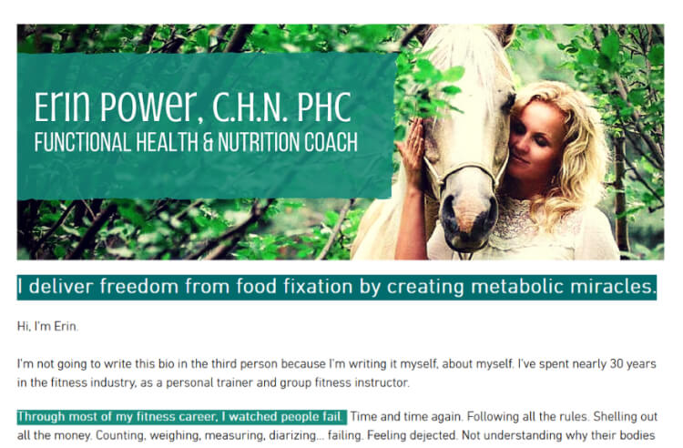 Website page of a certified health coach