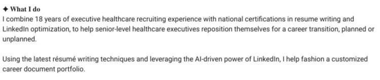 Coaching bio of a healthcare career transition specialist