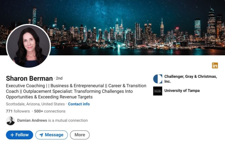 LinkedIn profile of an executive coach that helps people with career transitions