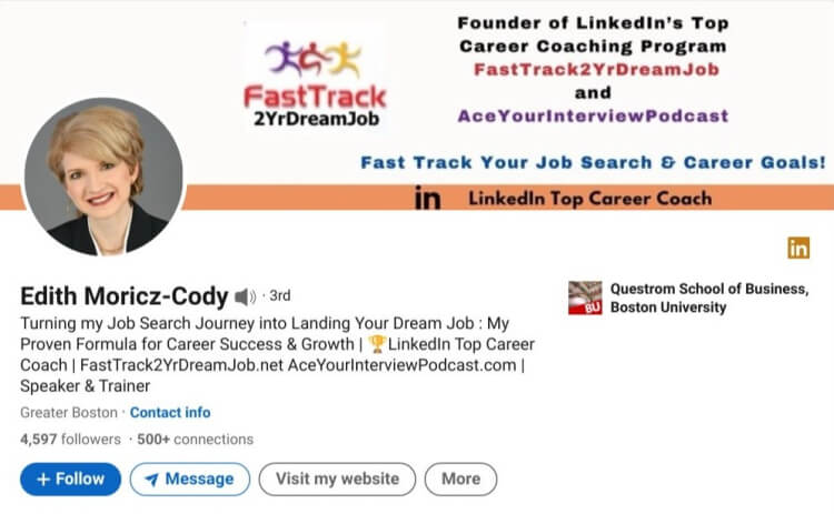 A LinkedIn profile of an expert in coaching jobs.