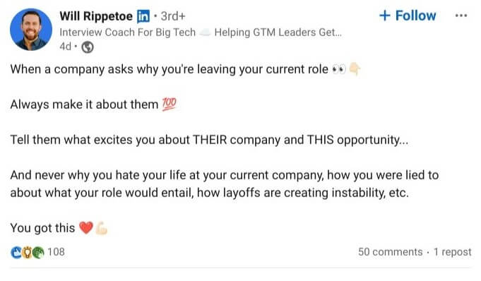 A LinkedIn post with bite-sized insights by a coach