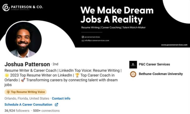 A LinkedIn profile page of a career coach
