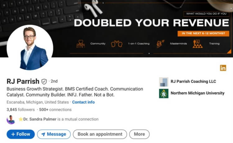 LinkedIn profile featuring coaching certifications prominently displayed in the bio section