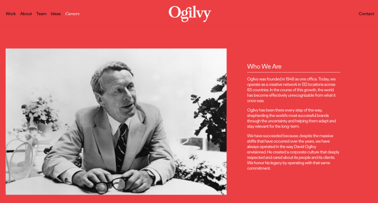 A black-and-white image of David Ogilvy, a renowned advertising coach and industry leader, featured on Ogilvy's website alongside the company's history and values.