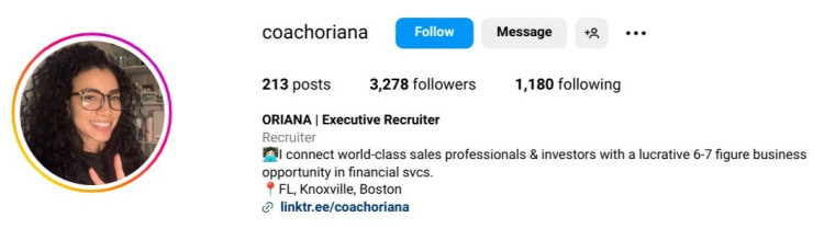 Instagram account belonging to a career coach