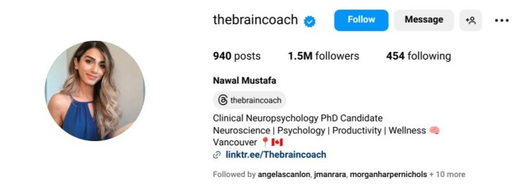 Instagram account belonging to a mental health coach