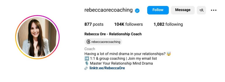 Instagram profile showing account of a relationship coach