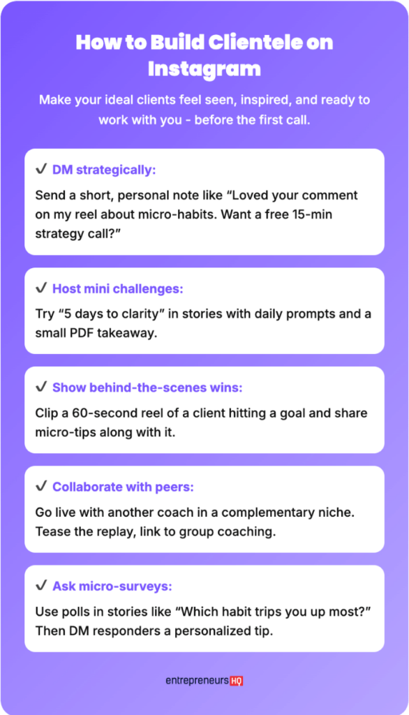 Infographic for coaches who want to build clientele on Instagram using DMs, challenges, and collaborations