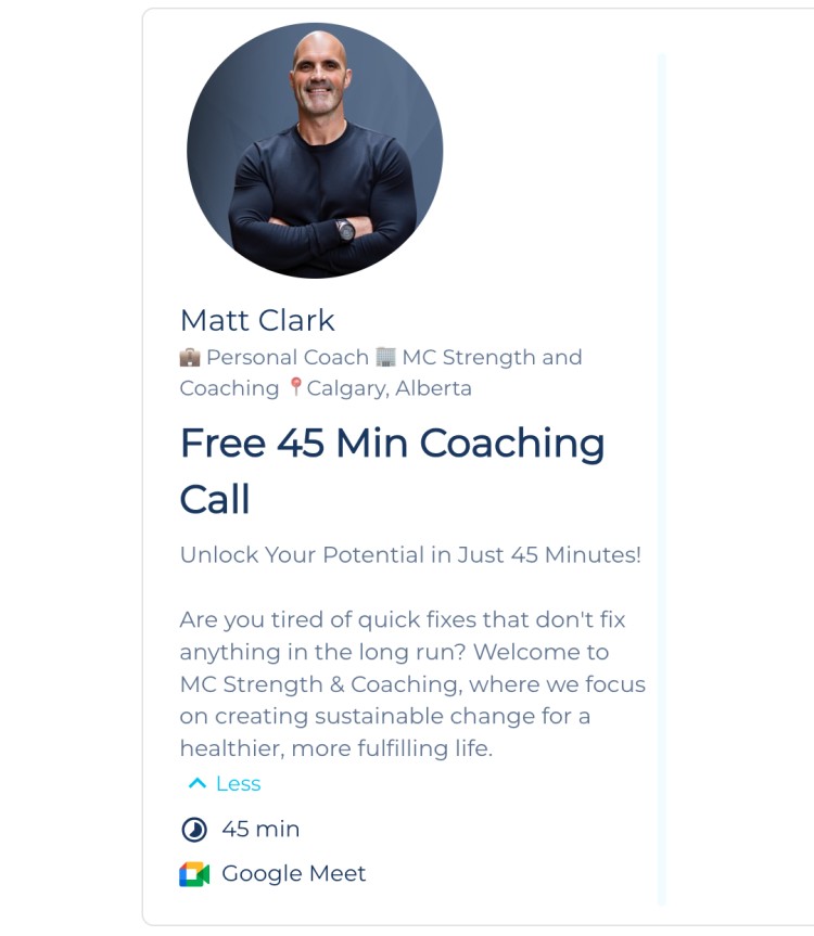 Profile image of personal coach Matt Clark promoting a free 45-minute coaching call designed to nurture long-term client growth and sustainable change.