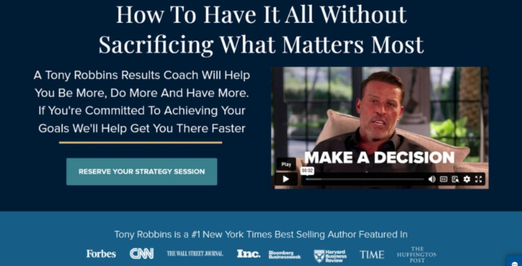 Landing page with calls to action for the coaching service