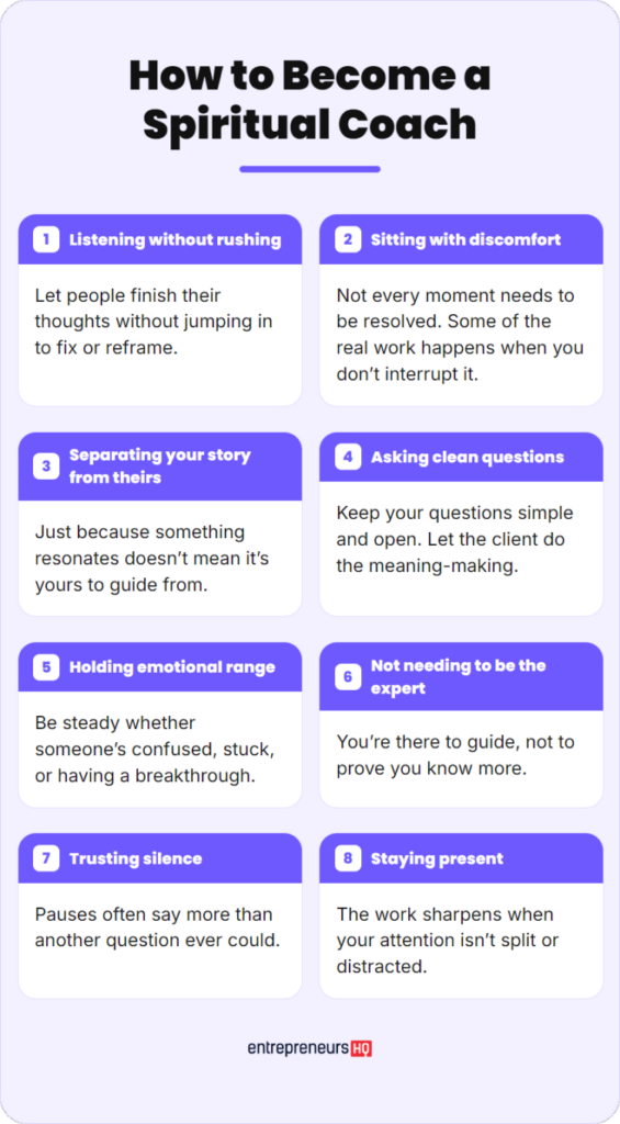 Become a spiritual life coach checklist showing key skills like listening, asking clean questions, staying present, and holding emotional space