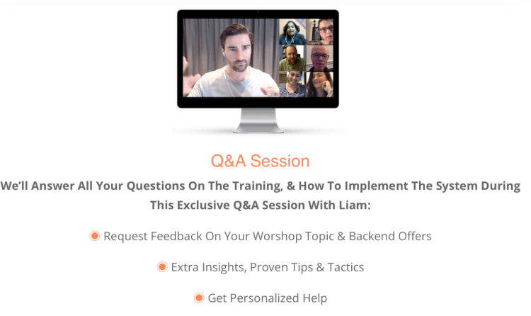 Liam Austin hosting a group coaching call and Q&A session over Zoom with participants.