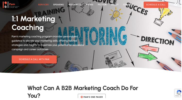 Pam Didner’s 1:1 marketing coaching page explaining how a marketing coach works to improve strategies and results.