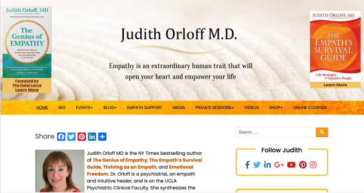 Dr. Judith Orloff, MD, featuring her books 'The Genius of Empathy' and 'The Empath's Survival Guide,' emphasizing her expertise in guiding empaths and intuitive individuals.