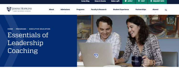 Johns Hopkins Essentials of Leadership Coaching program webpage highlighting a pathway to becoming a certified professional coach.