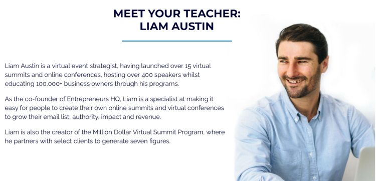 Liam Austin is introduced as a mentor specializing in virtual events and online summits.