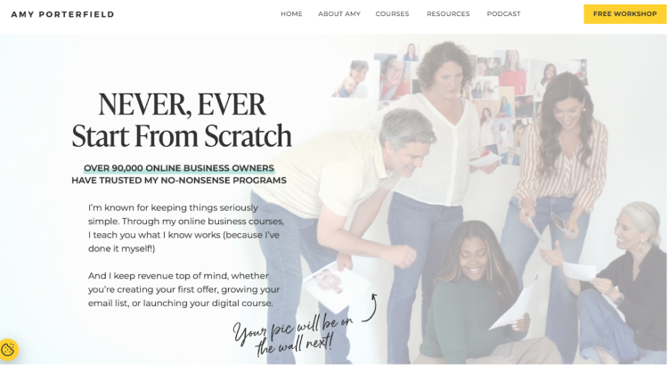 Amy Porterfield promoting her online course package trusted by over 90,000 business owners to grow their digital businesses.