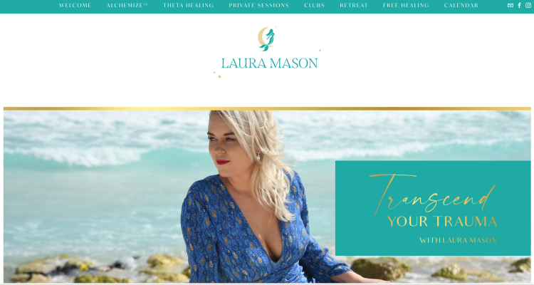 Laura Mason sitting near the shore, promoting her program 'Transcend Your Trauma' to help clients overcome past traumas.