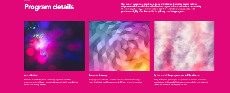 Program details for the University of Toronto's executive coaching certificate, highlighting accreditation, hands-on training, and outcomes for the center for executive coaching.