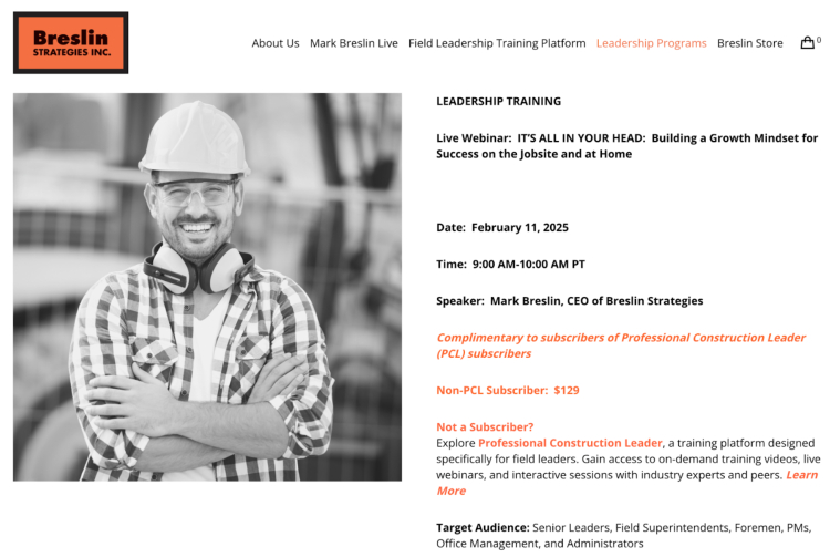 A promotional flyer for a live webinar on leadership training by Mark Breslin, CEO of Breslin Strategies Inc., aimed at business coaches and professionals focusing on growth mindset for jobsite and home success.