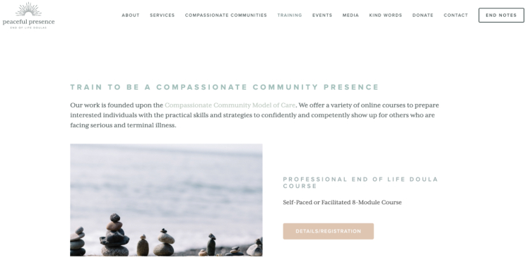 Coach program for end-of-life doulas by Peaceful Presence, offering an 8-module course to support those facing serious illness.