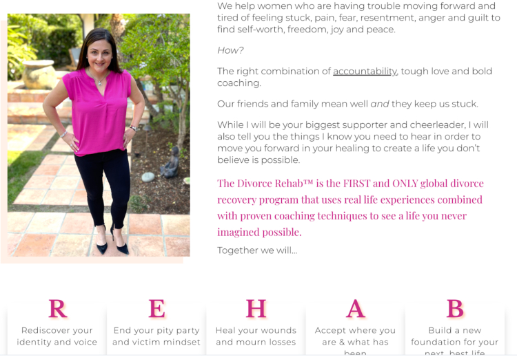 A woman standing confidently outdoors, introducing the Divorce Rehab™ training program, designed to help women recover from divorce and rebuild their lives with self-worth, freedom, and peace.