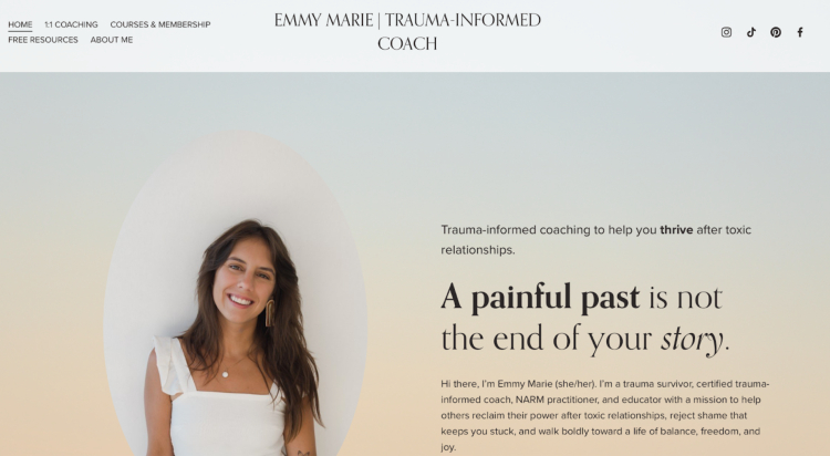 Emmy Marie's website showcasing her as a certified trauma coach specializing in helping individuals thrive after toxic relationships.