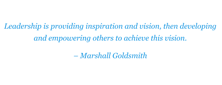 A quote from Marshall Goldsmith defining the leadership coach role as providing inspiration and vision while empowering others to achieve their goals.