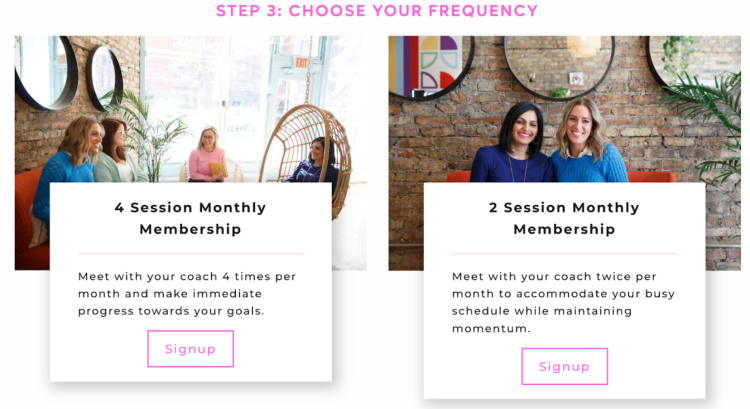 Two subscription options for online coaching: 4-session monthly membership for intensive progress or 2-session monthly membership for maintaining momentum, showcasing flexible coaching plans.