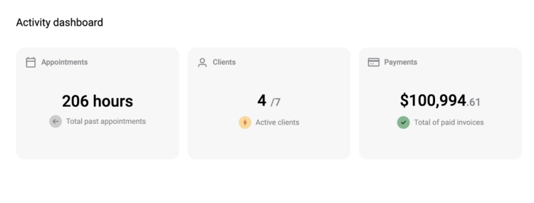Activity dashboard showcasing 206 hours of past appointments, 4 active clients, and $100,994.61 in total paid invoices, highlighting a typical salary for a leadership coach.