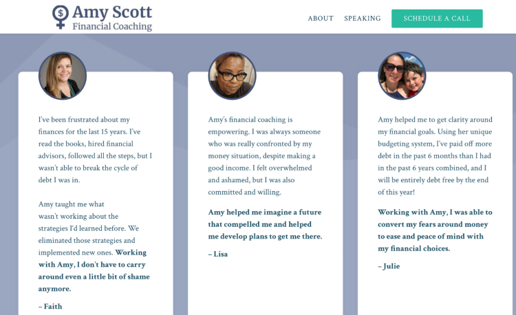Amy Scott Financial Coaching highlights testimonials from satisfied coaching clients who have gained financial clarity, paid off debt, and developed better money management strategies.