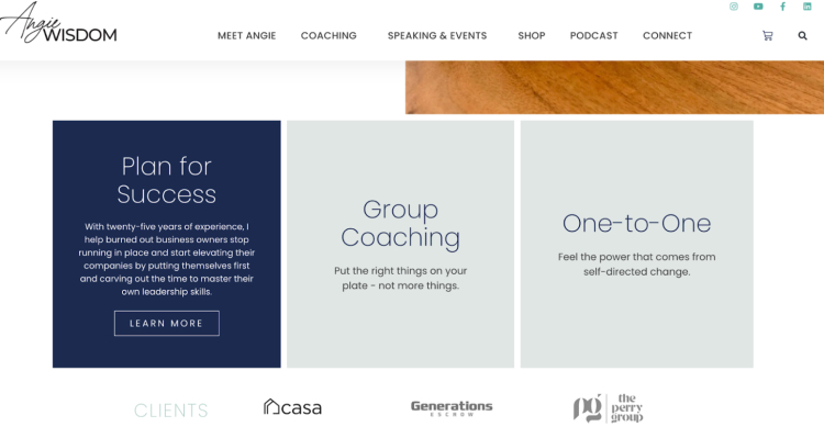 Angie Wisdom offers coaching programs to help individuals identify their success paths, including group coaching, one-to-one sessions, and leadership skill development.