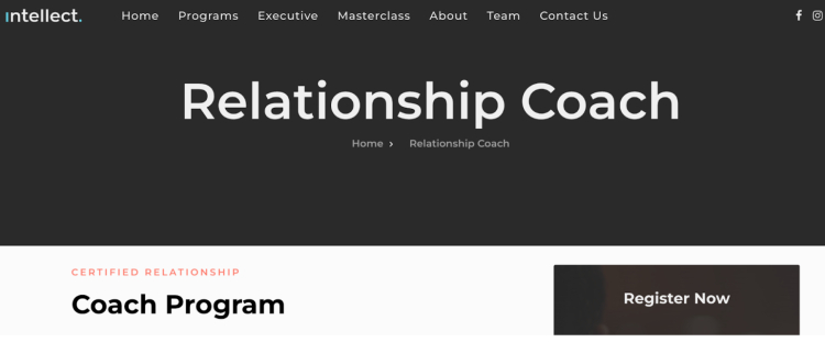 A promotional banner for the Certified Relationship Coach Program by Intellect, offering opportunities to gain experience coaching and transform relationships.