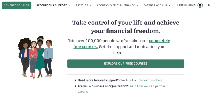Clever Girl Finance offers free courses to help individuals take control of their financial plan, achieve financial freedom, and gain support through coaching and resources.