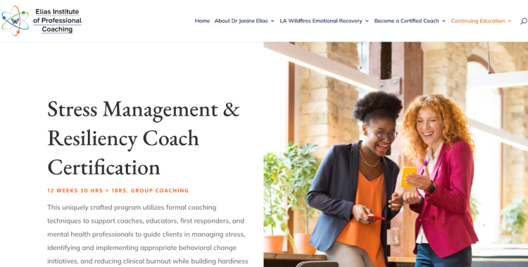 Two professional coaches discussing stress management and resiliency certification programs, highlighting strategies for helping clients overcome challenges.