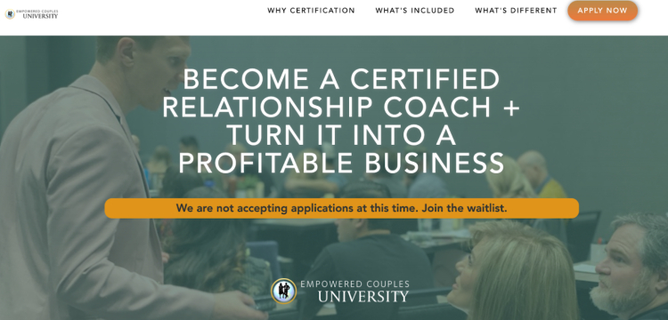 A promotional banner for Empowered Couples University’s Certified Relationship Coach program, offering the opportunity to earn a credential and build a profitable business.