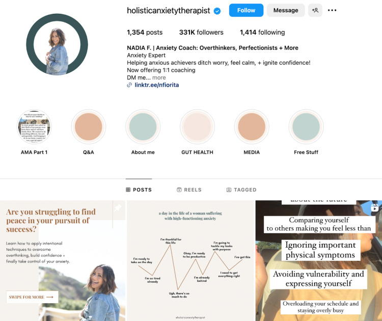 Instagram profile of Nadia F., a holistic anxiety coach, showcasing her expertise in helping anxious achievers overcome worry, boost confidence, and find calm through 1:1 coaching.