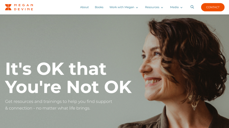 Megan Devine's 'It's OK That You're Not OK' platform, offering confident grief support through resources, trainings, and compassionate conversations.