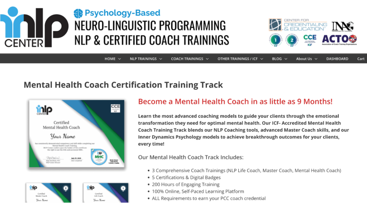 Mental Health Coach Certification Training Track offered by INLP Center, combining NLP coaching tools and inner dynamics psychology models for advanced mental health coaching.