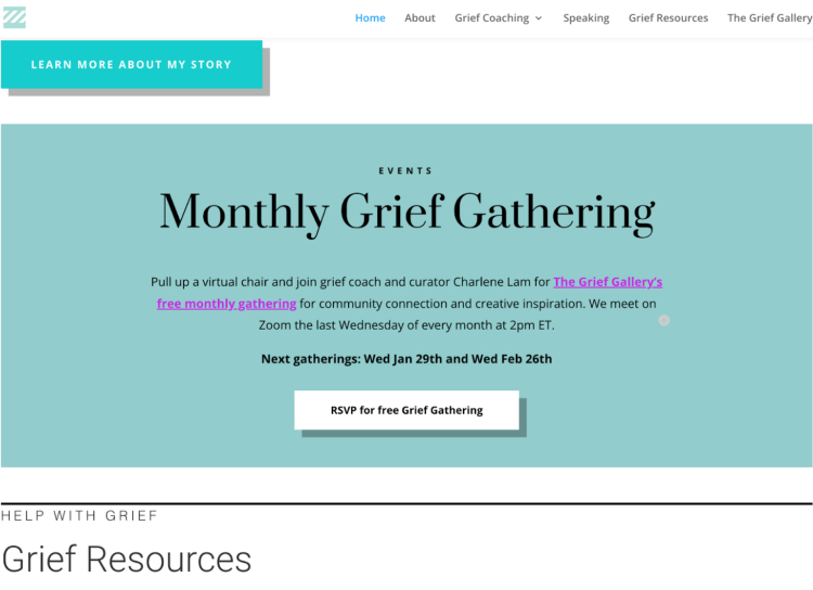 Monthly Grief Gathering event offering grief and loss support, hosted by grief coach Charlene Lam, providing a virtual space for connection and healing.