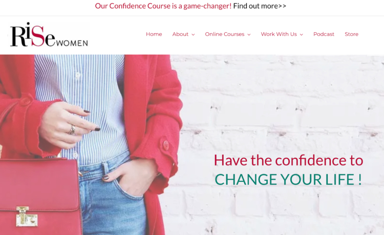 Rise Women coaching website promoting confidence-building courses to help women change their lives.