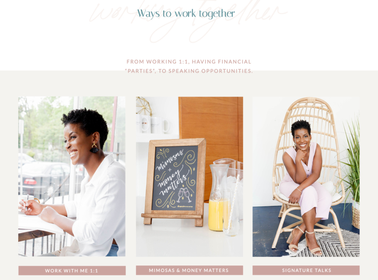 A financial coach showcasing successful coaching services, including 1:1 coaching, financial workshops, and speaking opportunities.