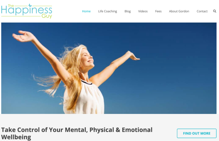 A promotional image for The Happiness Guy, offering life coaching services to help clients take control of their mental, physical, and emotional well-being and live a happier life.