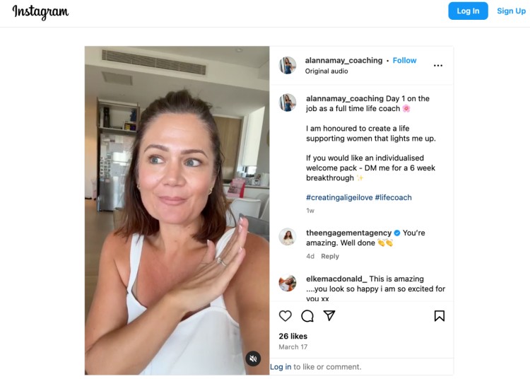 Alanna May shares an Instagram reel on her first day as a full-time life coach, expressing excitement about starting an online coaching business.
